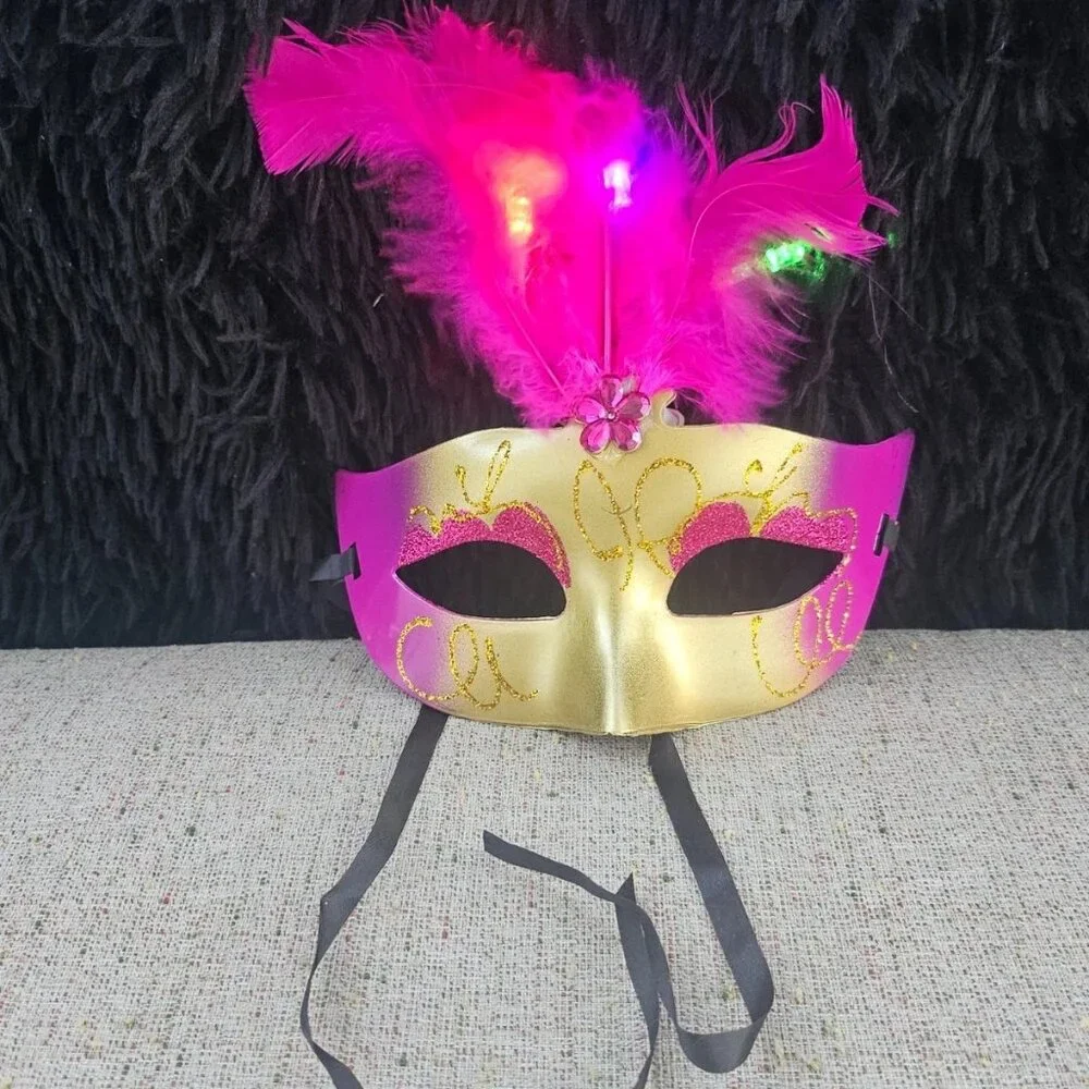 Party Mask Light Up Deep Pink Fuax Feather Masquerade Pink/Gold Face Mask New